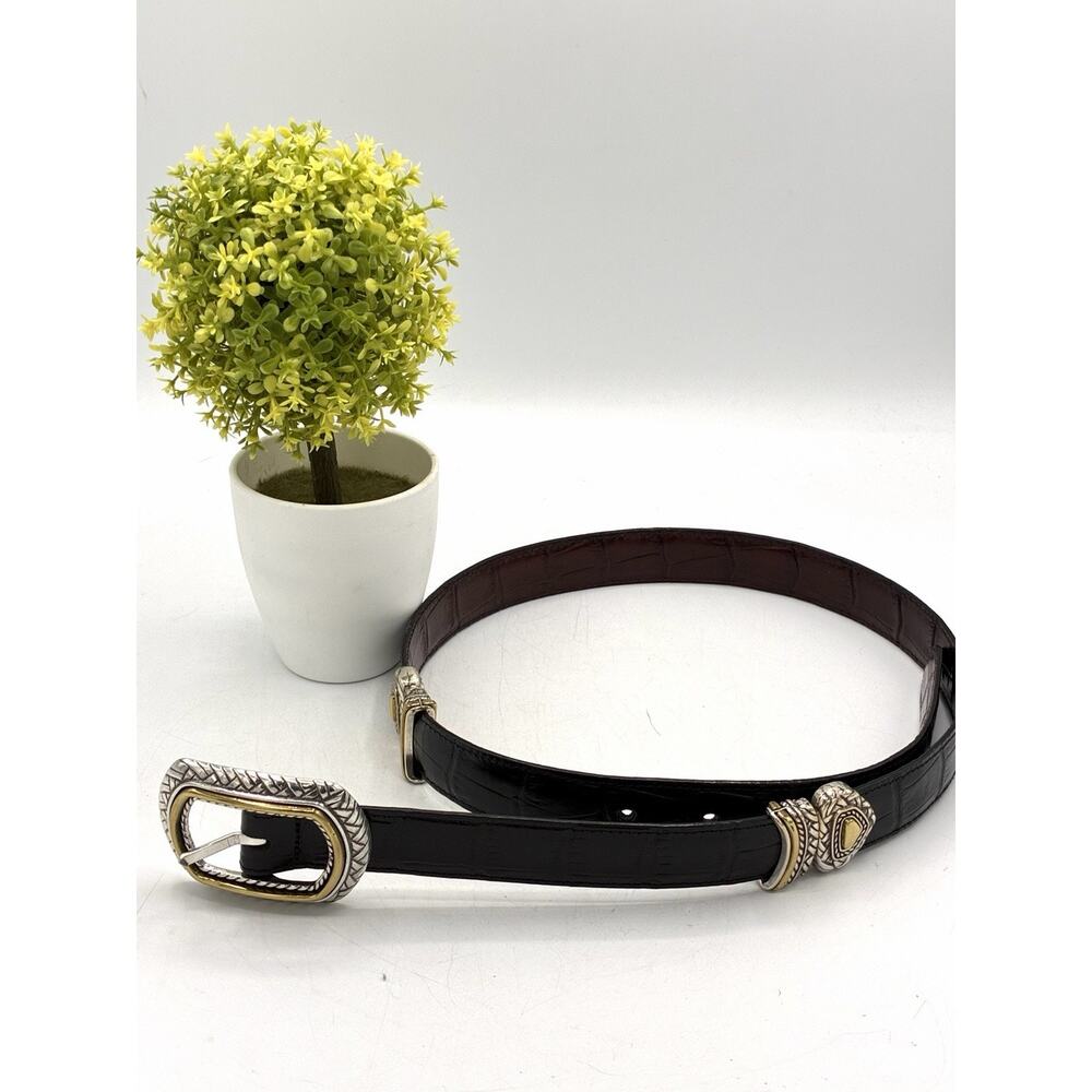 Brighton Black Croc Belt Size M 30 Silver Gold Basketweave Hardware